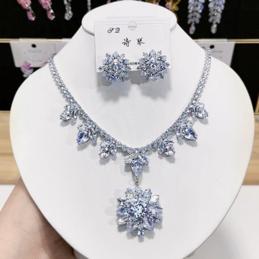 Pink Pendant Necklace Earrings For Women Engagement Trendy Crystal Jewelry Set Bridal Wedding Chokers Party Accessories Gifts