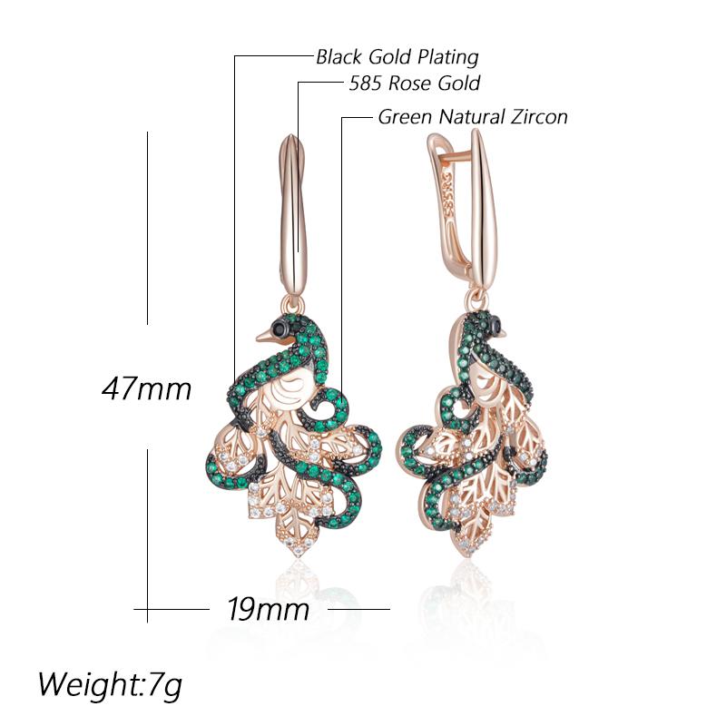 Green Natural Zircon Peacock Drop Earrings For Women  Rose Gold And Black Plating Vintage Animal Daily Punk Jewelry