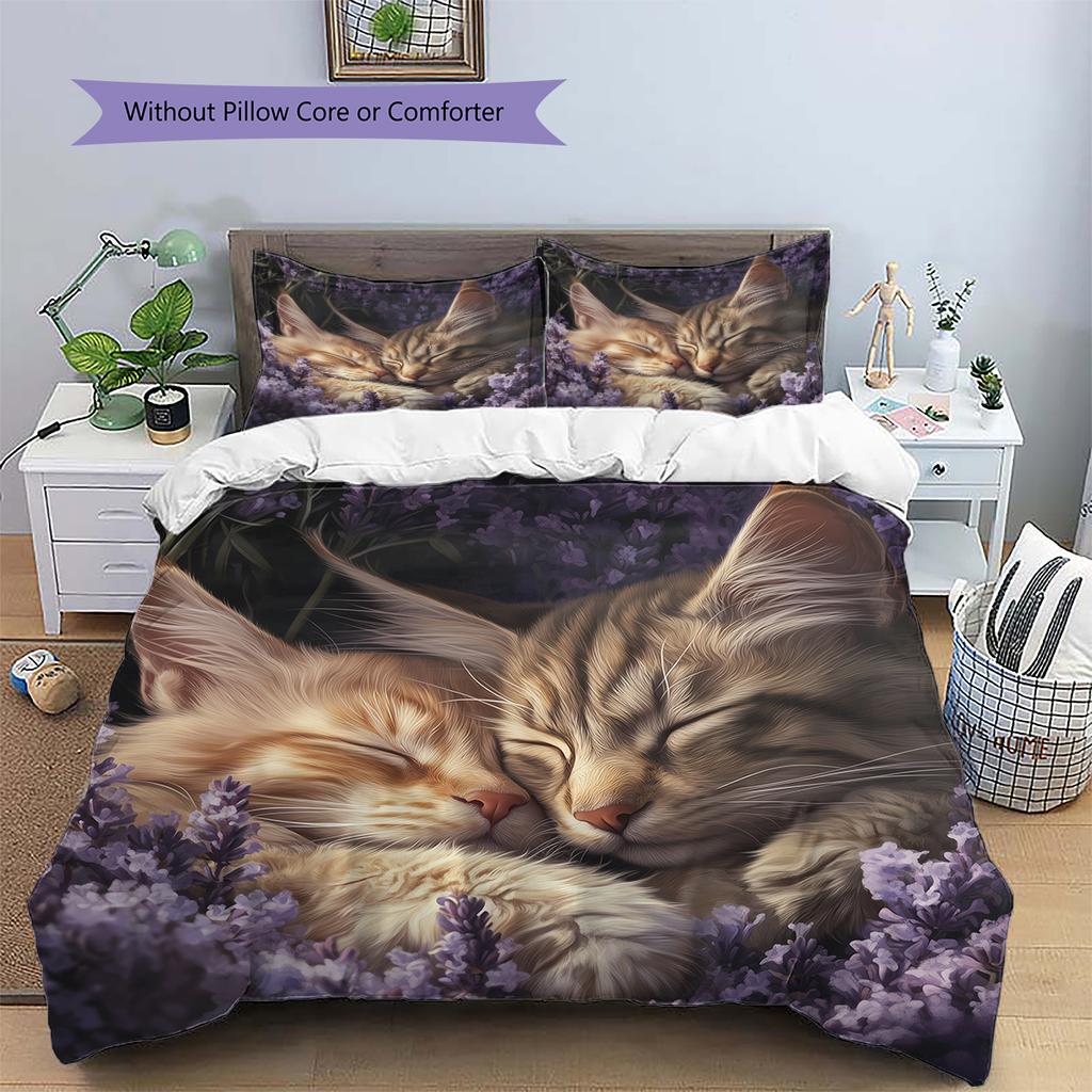 Maine Coon and Flowers Pattern Bedding Home Decoration Birthday Gift (1 * Duvet Cover + 2 * Pillowcase, Without Core)