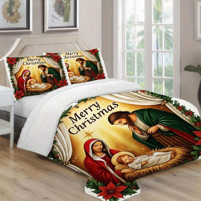 3Pcs Nativity Scene Christmas Bedding Holy Family Jesus Mary Joseph Design Duvet Cover Religious Holiday Bedroom Decoration