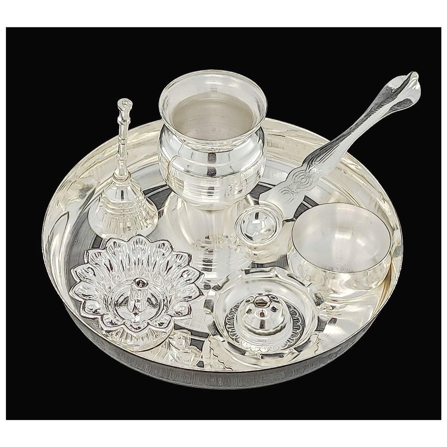 BENGALEN Silver Plated Pooja thali Set 7 Inch Festival Ethnic Puja Thali Items for Diwali Daily