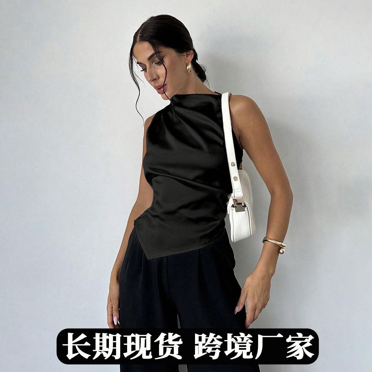 Women Red Satin V Neck Sleeveless Blouse S чёрный