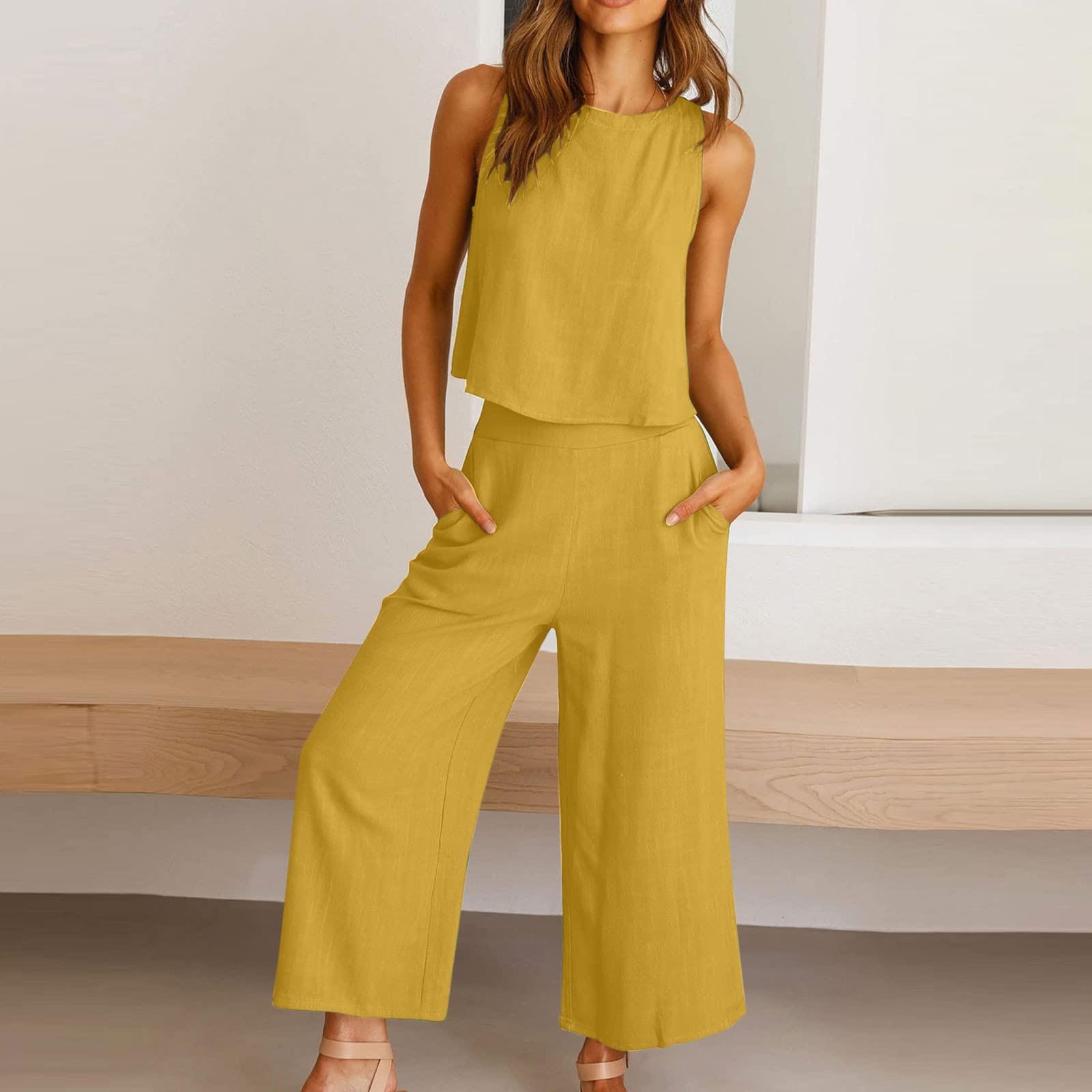 

Женская одежда из двух предметов, лето 2023, комплект без рукавов больших размеров, повседневный комплект с широкими брюками и комплектами с карманами XL жёлтый