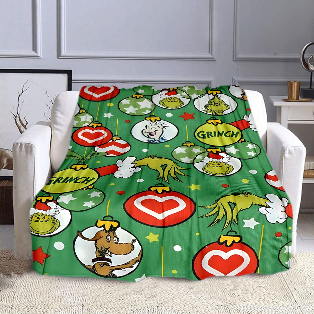 Grinch Christmas Ornaments Pattern Blanket Patterned flannel blanket perfect for the bedroom living room, sofa, or a little nap