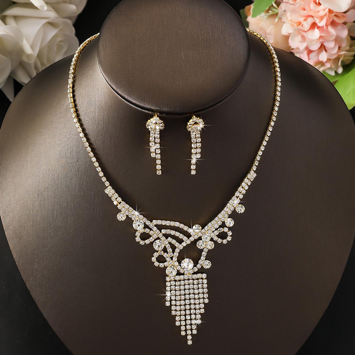 Бриллиантовое сверкающее ожерелье и серьги, комплект из двух предметов, аксессуары для свадебного платья, набор модной бижутерии
