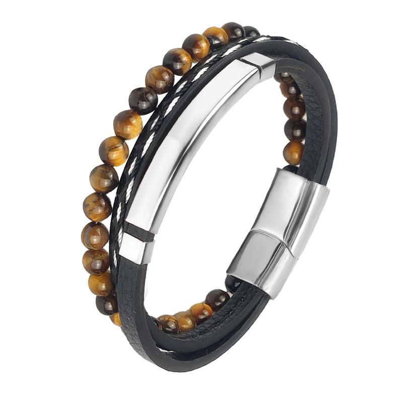 MingAo Charm Herrenschmuck Naturstein Mehrschichtiges Lederarmband Schwarzer Edelstahl Magnetischer Verschluss Tigerauge Perlenarmband