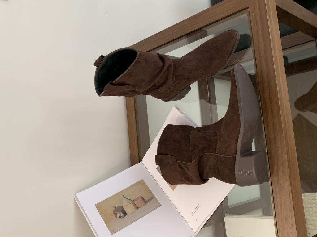 French retro suede stacking boots western cowboy boots women's 2025 autumn and winter new thick heel medium boots versatile short boots