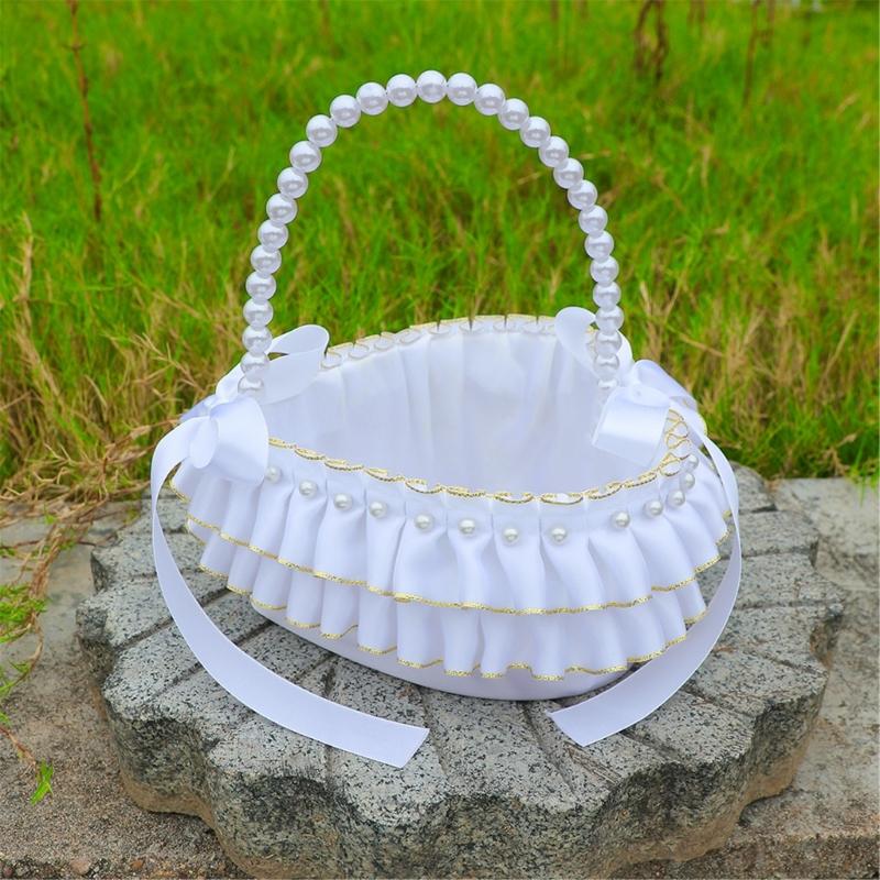 Decorative Pearls Embellished Storage Basket With Golden Edges for Wedding Reception Party Decorations