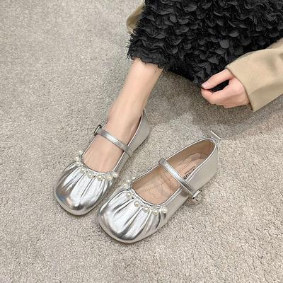 French Silver Evening Mary Jane Women's Shoes 2025 Spring and Summer New Flat-bottomed Pleated Ballet Grandma Shoes Single Shoes