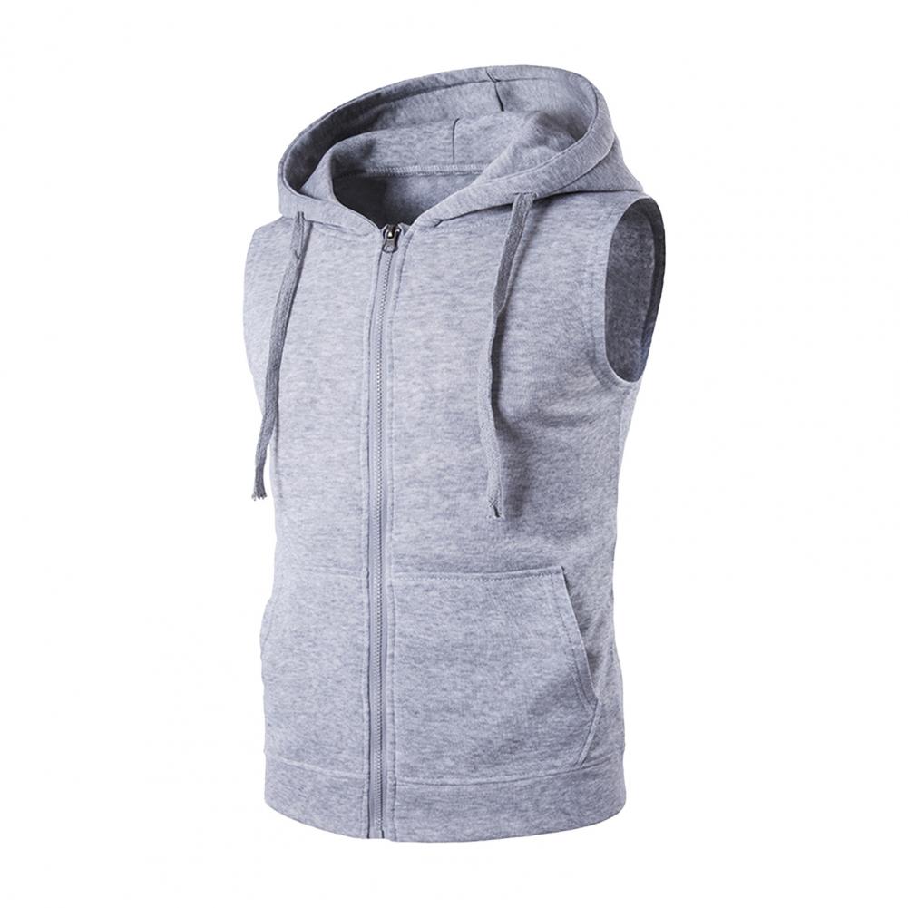Men Vest Jacket Hooded Drawstring Sleeveless Zipper Placket Vest Coat Solid Color Pockets Zipper Placket Waistcoat