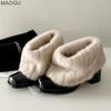 Chunky Heel Square Toe Furry Short Boots French Style Fur Lined Winter Warm Shoes Slip on Booties Elegant Botas Mujer Size 35-40