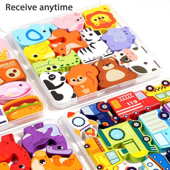 1 Set Wooden Building Block Puzzle 3D Cartoon Dinosaur Animal Vehicle Foods Toddlers Preschool Learning Educational Jigsaw Puzzle Toy