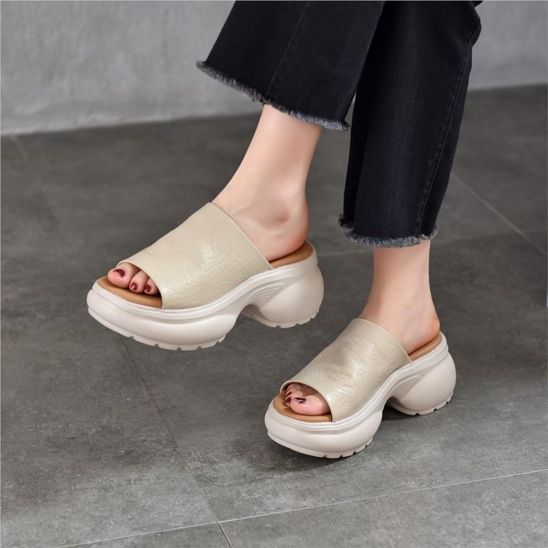 Johnature Women's Thick Soled High-heeled Peep Toed Slippers Genuine Leather Platform Sandals