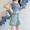 High-waisted New Slim Curly Denim Shorts for Women In Summer Blue Thin Ironing Diamond Loose Wide-leg Pants