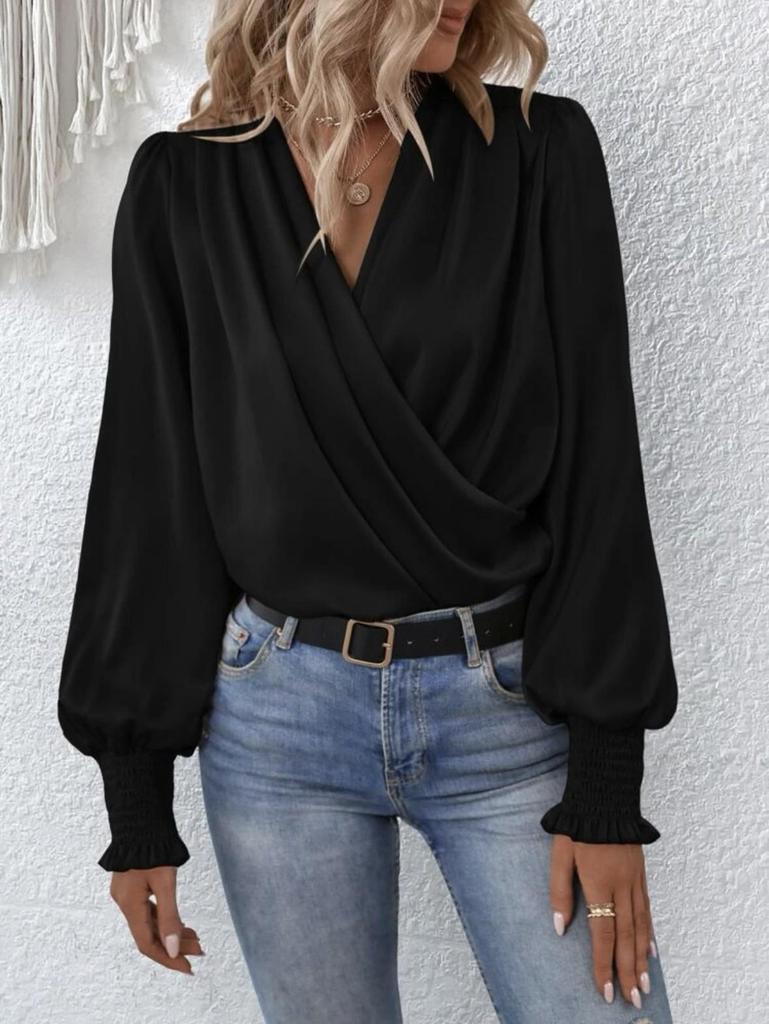 Elegant Women's V-Neck Lantern Sleeve Solid Color Shirt