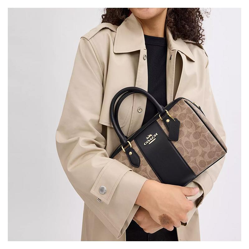 COACH Rowan 25 Metal Logo Zip Closure Coated Canvas Shoulder Crossbody Tote Medium Women's Tan and Black