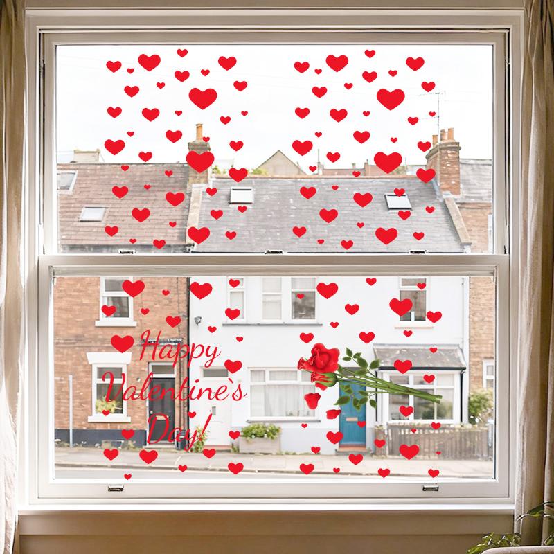 4 Stück Valentinstag Fensteraufkleber Niedliches Rotes Herzmuster in Aquarell Elektrostatisch Hochzeitsparty Hausdekorationsaufkleber