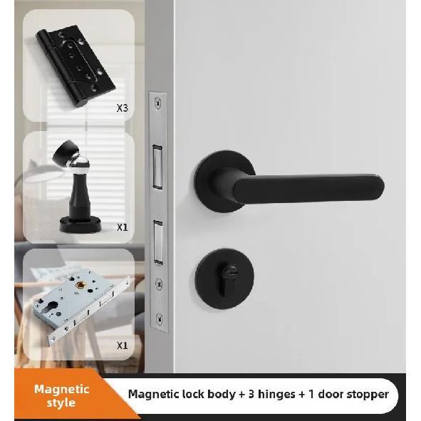Black American Style Indoor Door Lock, Integrated Magnetic Silent Wooden Door Handle, Universal Home Bedroom Lock