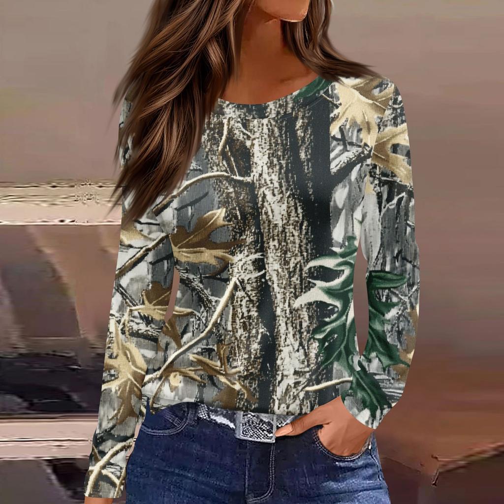 Damenmode Saumschlitz Lässig Totblatt-Print Rundhals Langarm Oberteil