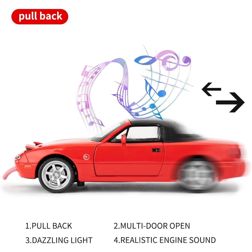 1/32 Mazda MX-5 Alloy Model Car Toy with Pullback,Removable Top,Blinking Lights with Sound and Bright Lights, Collectible Grade Gift for Kids (Red)