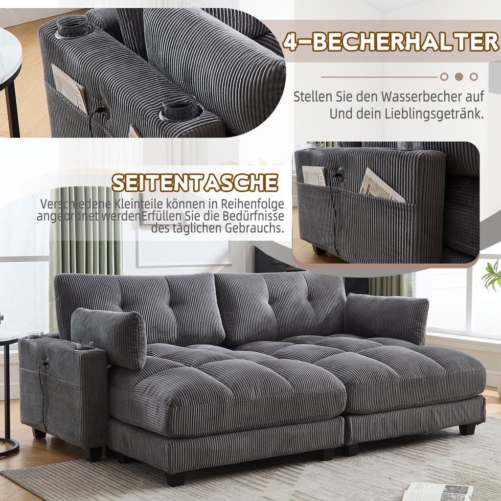 Graues Kord-Sofa 2-Sitzer, teilbar in 2 Sitze, 2 Kissen, 4 Getränkehalter, 4 Taschen, USB-Anschlüsse an den Armlehnen, für Wohnzimmer, Schlafzimmer und Arbeitszimmer