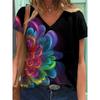 Spring Summer Pullover Abstract Retro Printed Street Short Sleeve Multicolour Loose Fit V-Neck T-Shirt