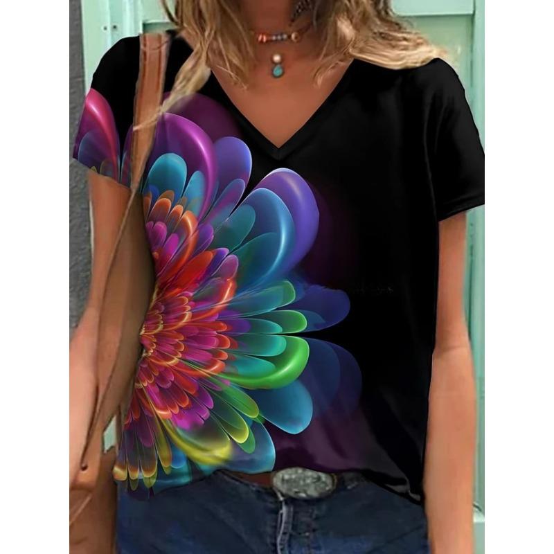 Spring Summer Pullover Abstract Retro Printed Street Short Sleeve Multicolour Loose Fit V-Neck T-Shirt