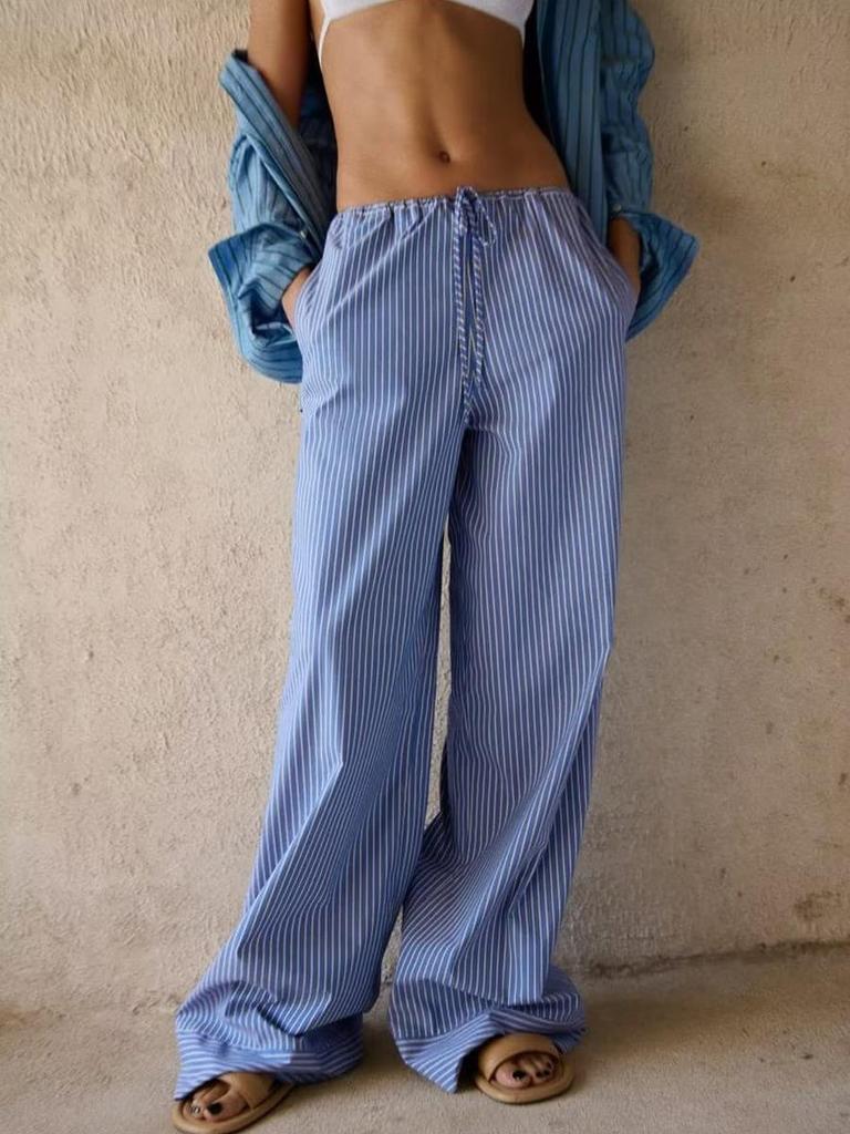 Damenmode Gestreifte Kordelzug Schnürung Gerade Hose Vintage Mittelhohe Elastische Taille Damen Schicke Damenhose