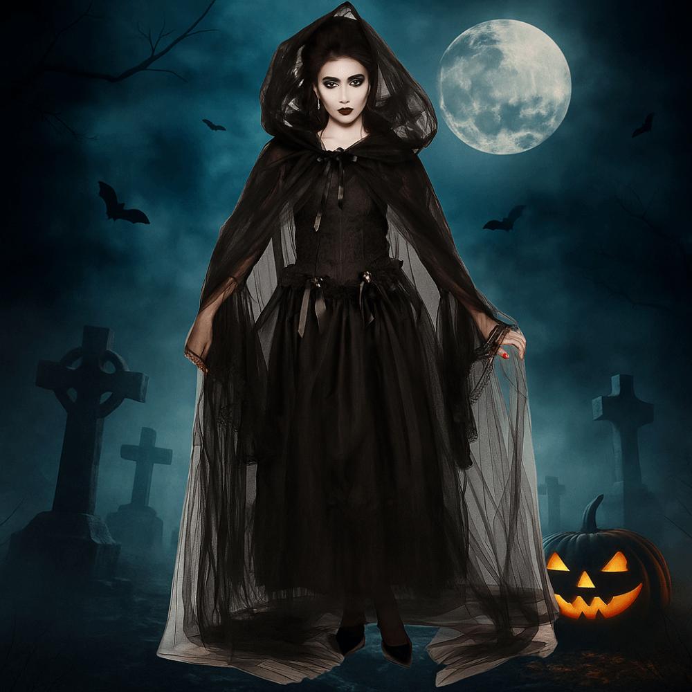 Dress Up Women Halloween Costume Lace Up Hooded Cloak Funny Mesh Ghost Cloak  Children