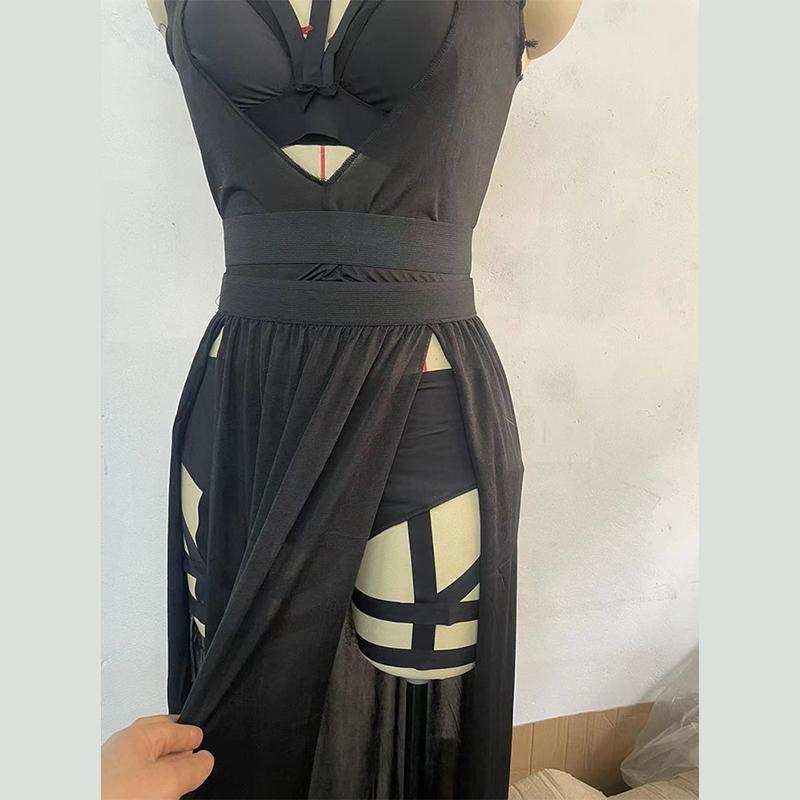Gothic Club Sexy Summer Skirt Set Women Sleeveless Black Corset Crop Top Bandage Underpants Mesh Split Skirt 3pcs Sets