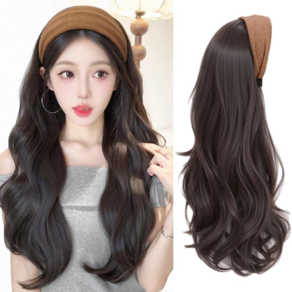 Hair Hoop Half Headband Wig Korean Style Long Wavy Curly  Hair Gray Wide Knit Headband Wig  Party