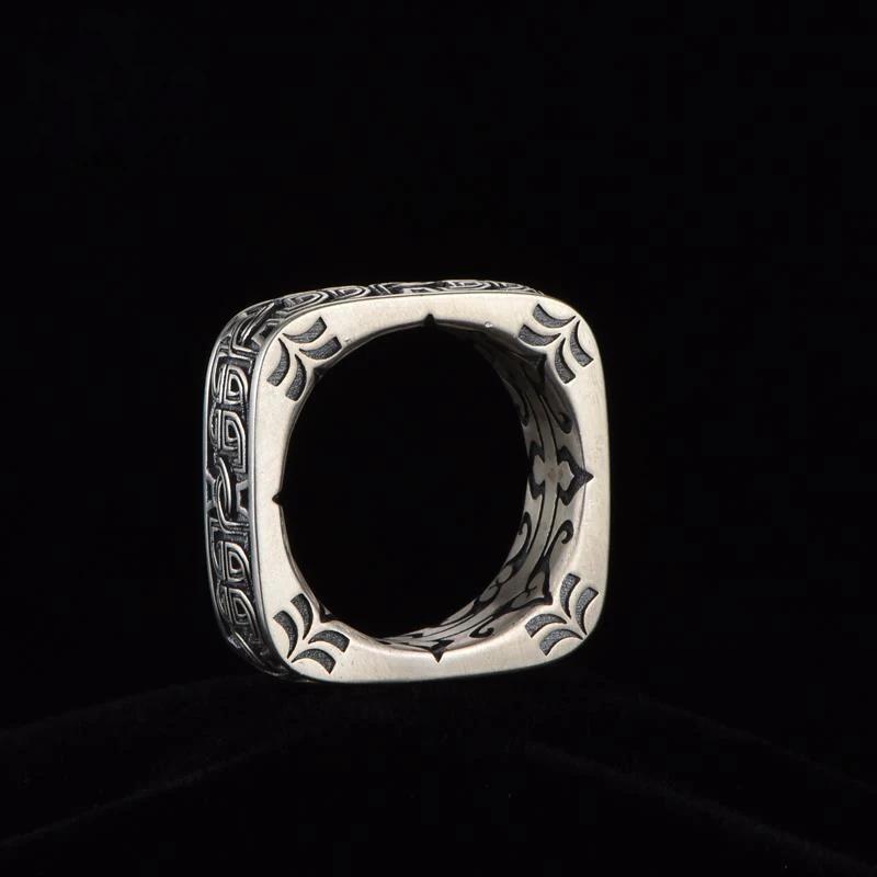 HX Silver Men's Ring Retro Square Round Pangu Trend Personality Domineering Handmade Ring Jewelry Accessories