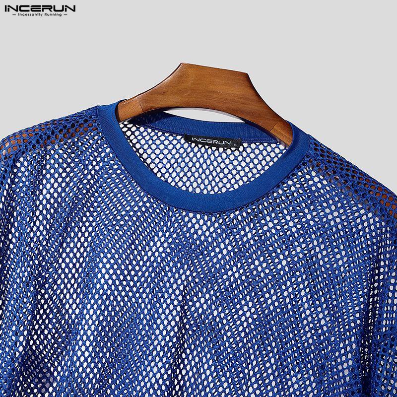 INCERUN Men Round Neck Long Sleeve Hollow Out Tops Mesh Sheer Shirts