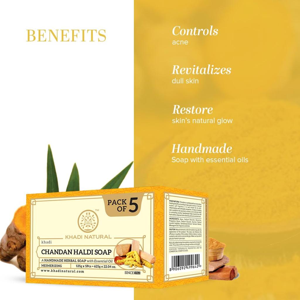 Khadi Natural Chandan Haldi Herbal Bath Soap With Essential Oils For Gentle Cleansing And Skin Care (125 g X  5 pcs )Pack Of 1