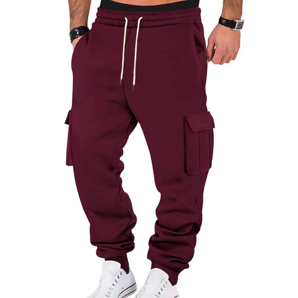 Mens Retro Casual Cargo Pants Loose Multi Pocket Drawstring Long Trousers