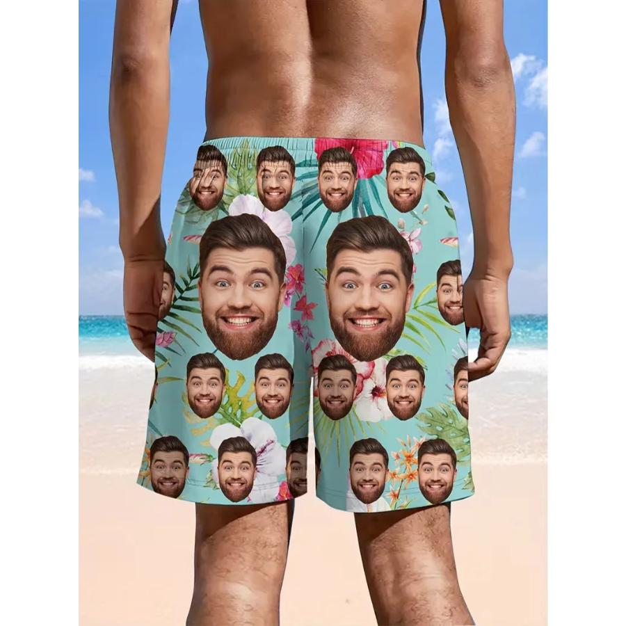 Custom Face Beach Shorts For Men 3D Digital Print Surfing Hawaiian Shorts Quick-Drying Lightweight Comfortable Swim Trunks