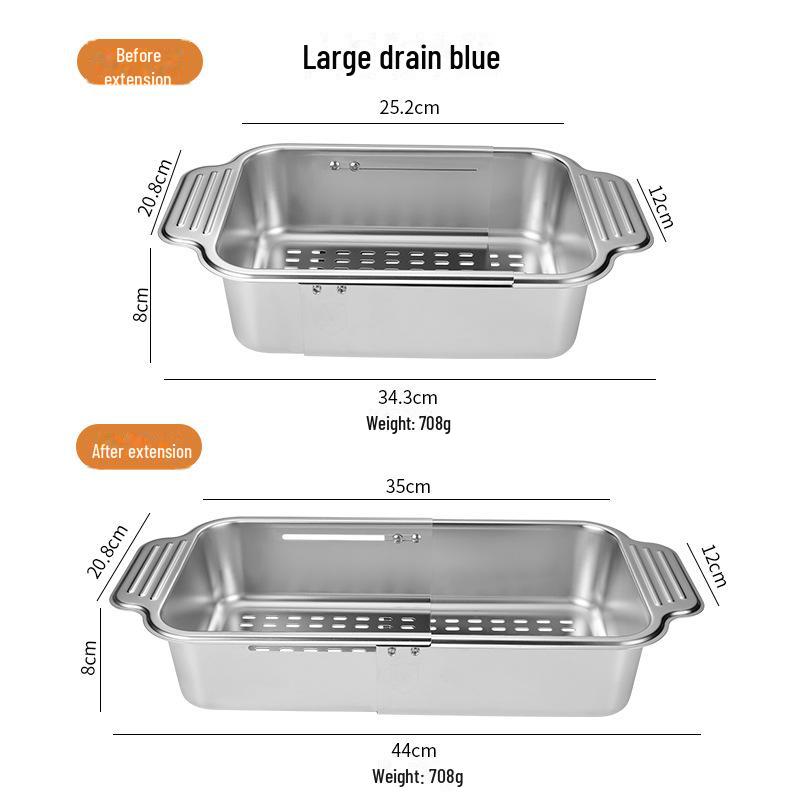 Universal 304 Stainless Steel Retractable Drain Basket for Sink - Rectangular, Thickened & Lengthened for Vegetable Washing