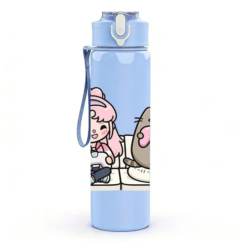 1PC Chubby Cat Girl Cartoon 750ml Color Plastic Sports Water Bottle Leakproof Flip Straw Lid Suitable for Sports Office Home Use