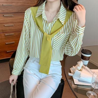 Fashionable and Comfortable Autumn Shirt for Women with Faux Two-Piece Design and Striped Pattern