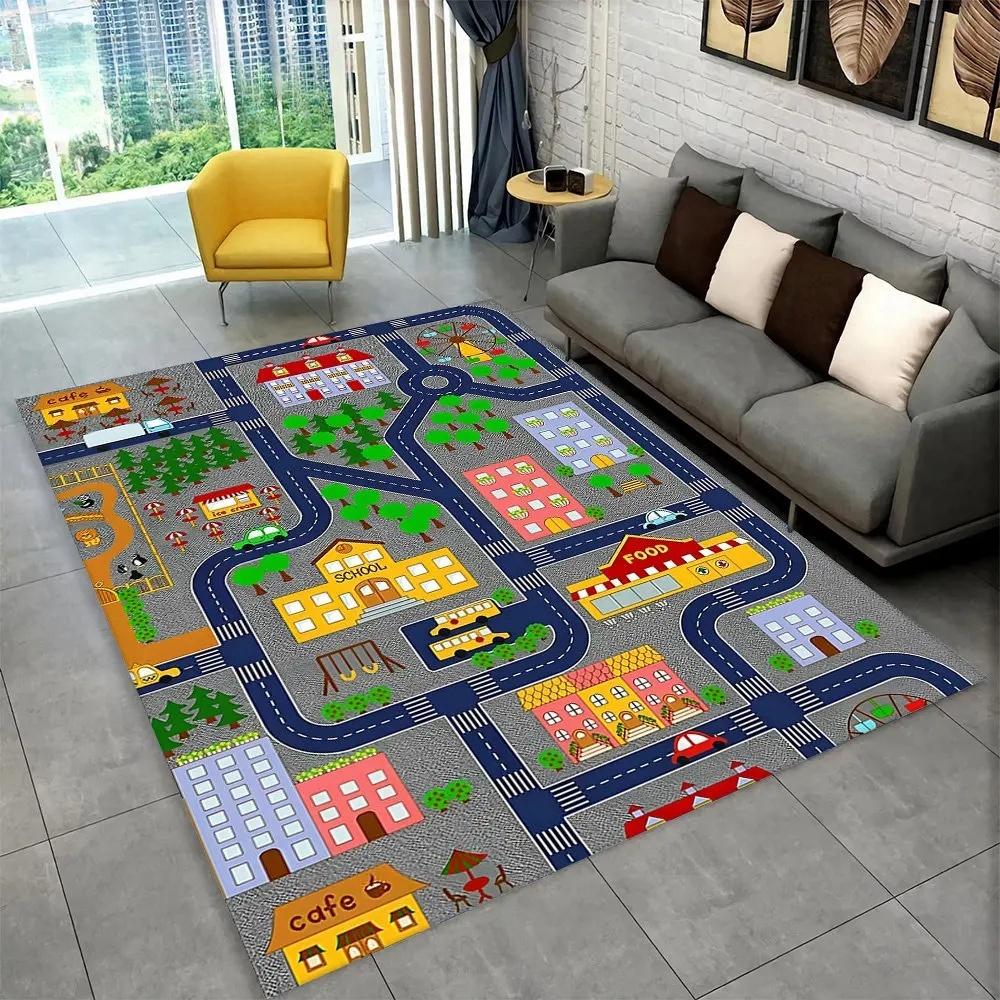 Interactive Kids' Playmat with City Roads Traffic Theme Rug for Playroom Non-Slip Carpet for Living Room or Bedroom Floor Mat