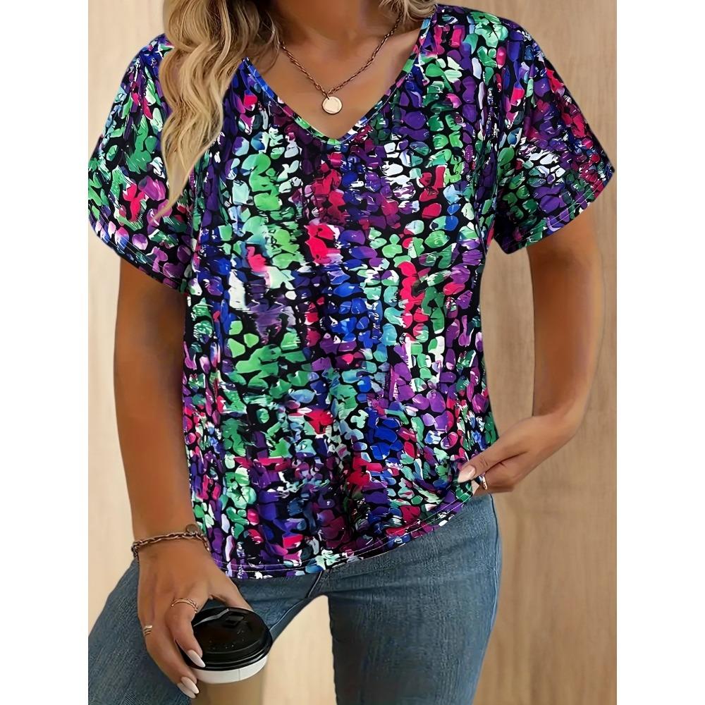T-shirt Women's Summer Casual Elegant V-neck Short Sleeve Retro Floral Top Loose Casual Wear Ladies T-shirt