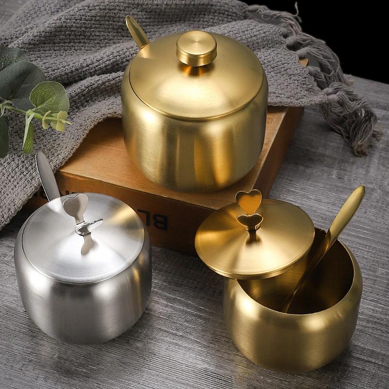 Stainless Steel Seasoning Jar Gold Silver Sugar Bowl With Lid Chili Oil Salt Pepper Jar Seasoning Bottle Box Kitchen Tool