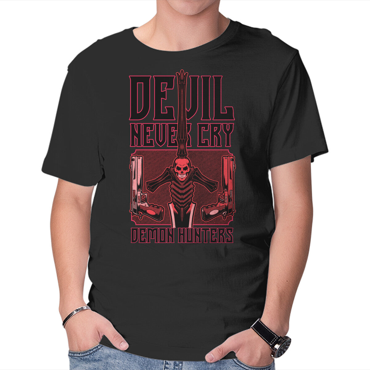 Unisex Crew Neck T-Shirt Devil Hunter Weapons Graphic Short Sleeve Casual Tee XL