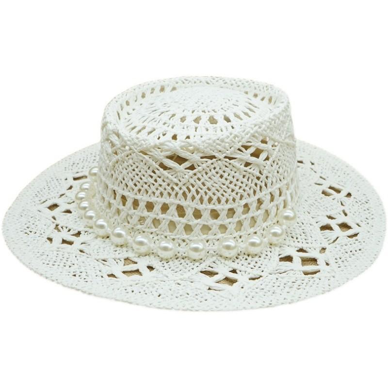 Japan Japanese French Retro Hollow Flower White Flat Top Top Hat Women'S Summer Sunshade Vacation Beach Straw Hat Outing