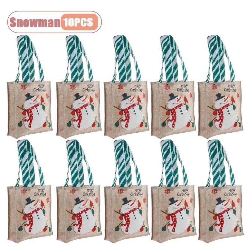 1-10 Stück Weihnachts-Jutesäckchen mit Santa- und Schneemann-Design, Handliche Süßigkeitentüten für Gastgeschenke und Dekorationen für die Weihnachtsfeier