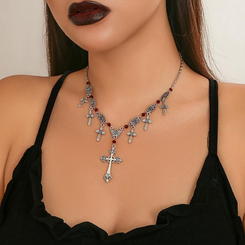 Punk Thorn Cross Pendant Necklace Dark Gothic Cross Fringe Choker Necklace for Women Unique Clavicle Chain Stylish Gift