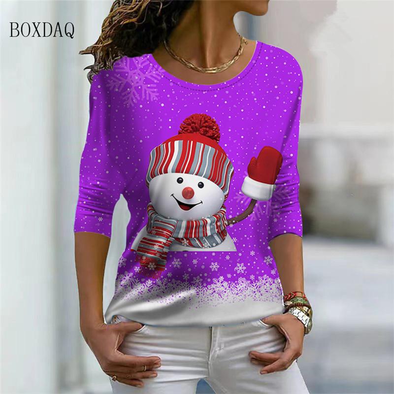 Christmas Snowman Pattern Women Cartoon T-shirts Long Sleeve 3d Print Christmas Street Ladies Tee 6XL Big Size Casual Cute Tops