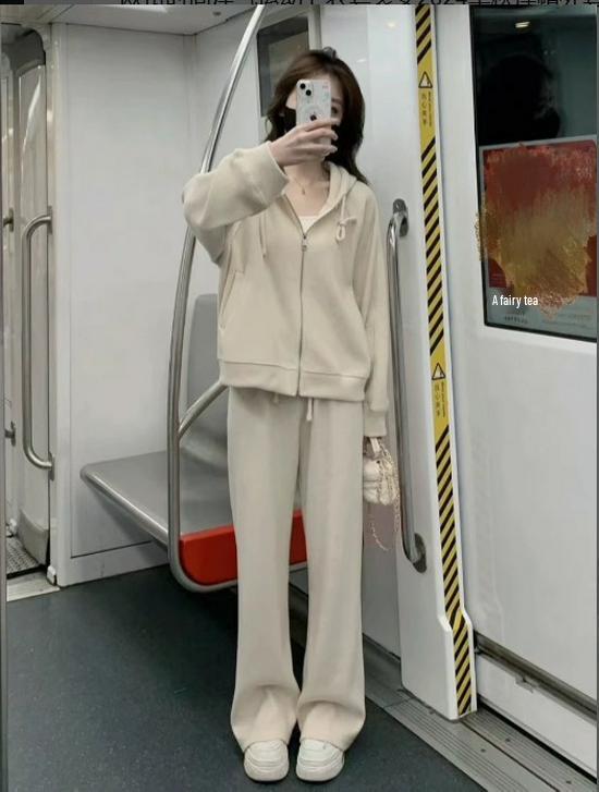 

Популярный комплект из двух предметов большого размера: толстовка и вязаные брюки для осени/зимы - повседневная женская одежда свободного кроя S (75-90 jin)