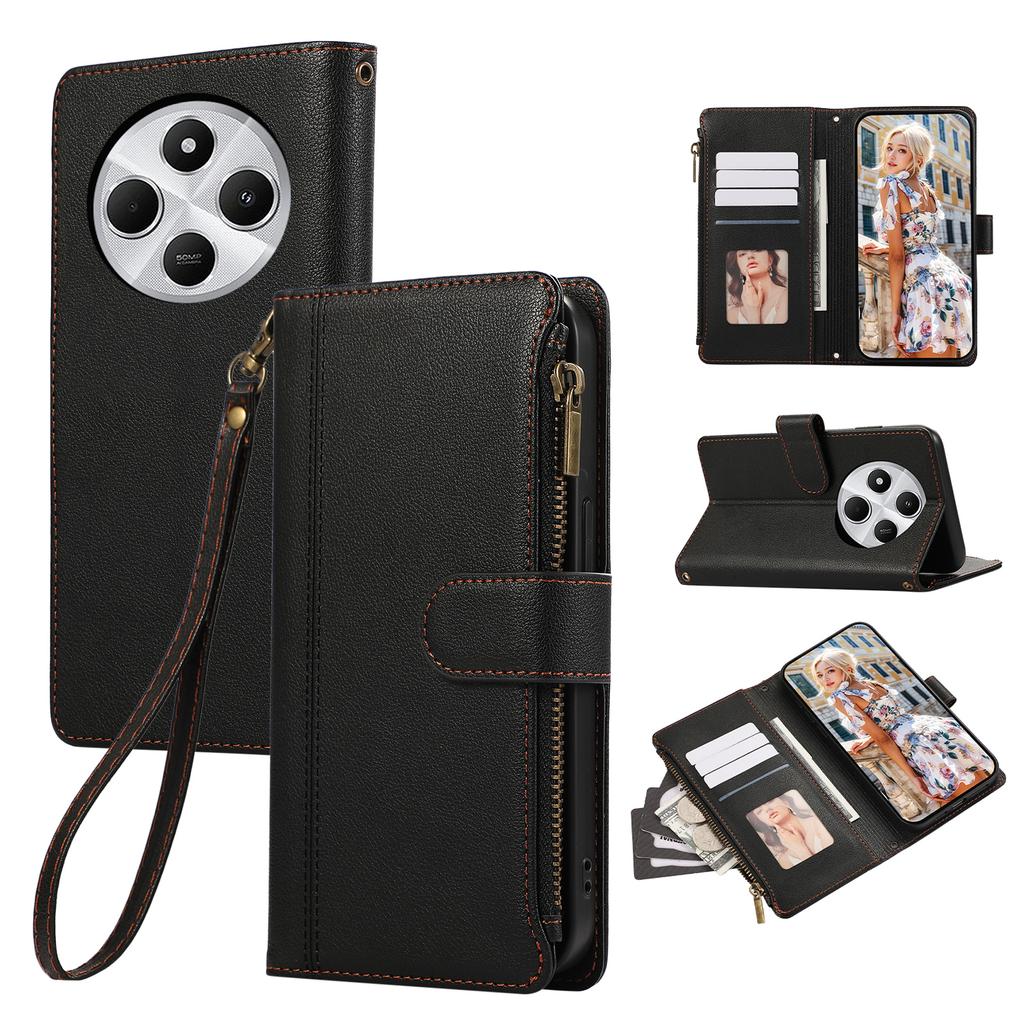 Δερμάτινη Θήκη Τηλεφώνου Για Xiaomi Redmi 14C 4G/A3 Pro 4G/A4 5G/14R 5G/Poco C75 4G/Poco M7 5G Πολλαπλές Θήκες Καρτών Φερμουάρ με Λουράκι Καρπού