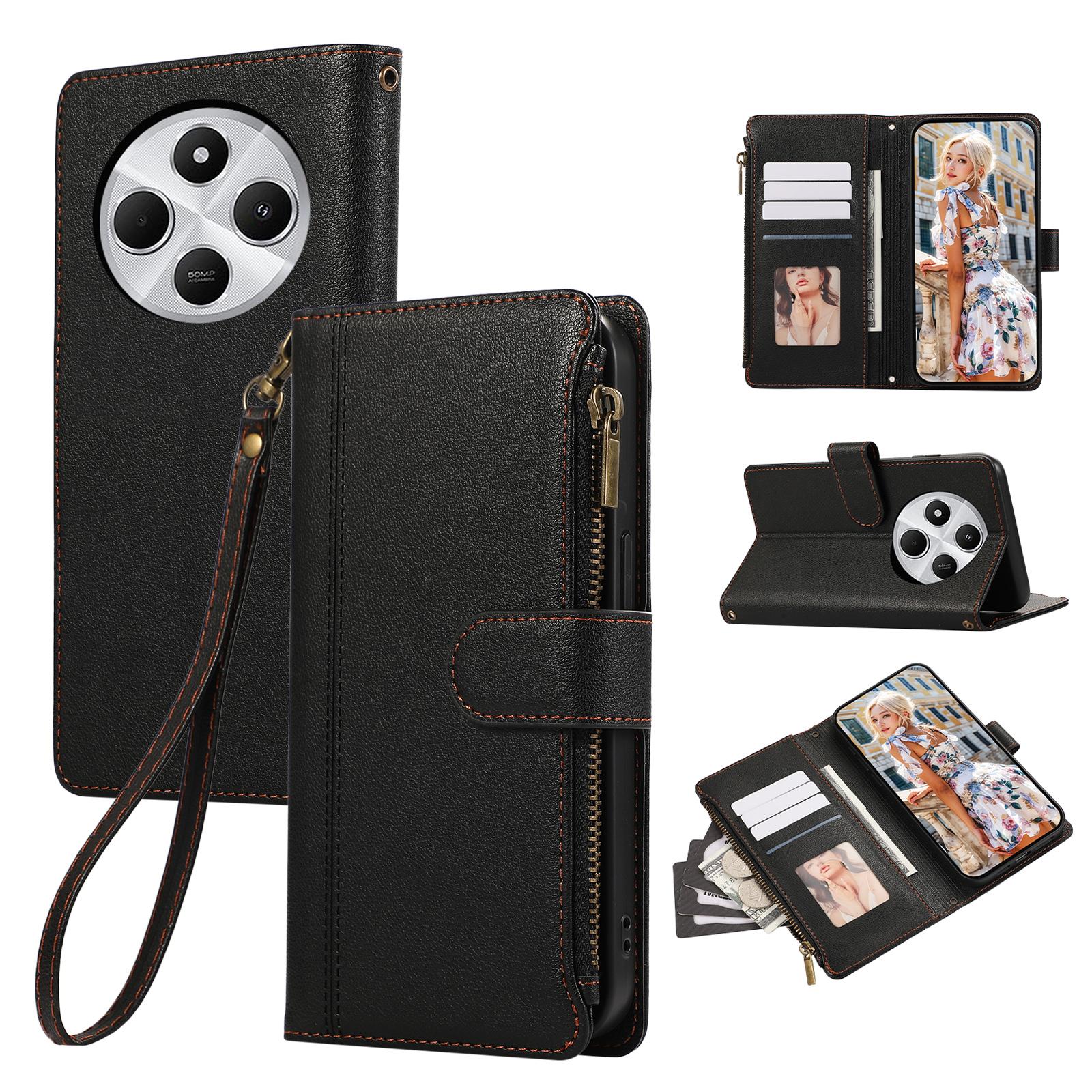 

Leather Phone Cover For Xiaomi Redmi 14C 4G/A3 Pro 4G/A4 5G/14R 5G/Poco C75 4G/Poco M7 5G Multi Card Slots Zipper with Wrist Strap Black